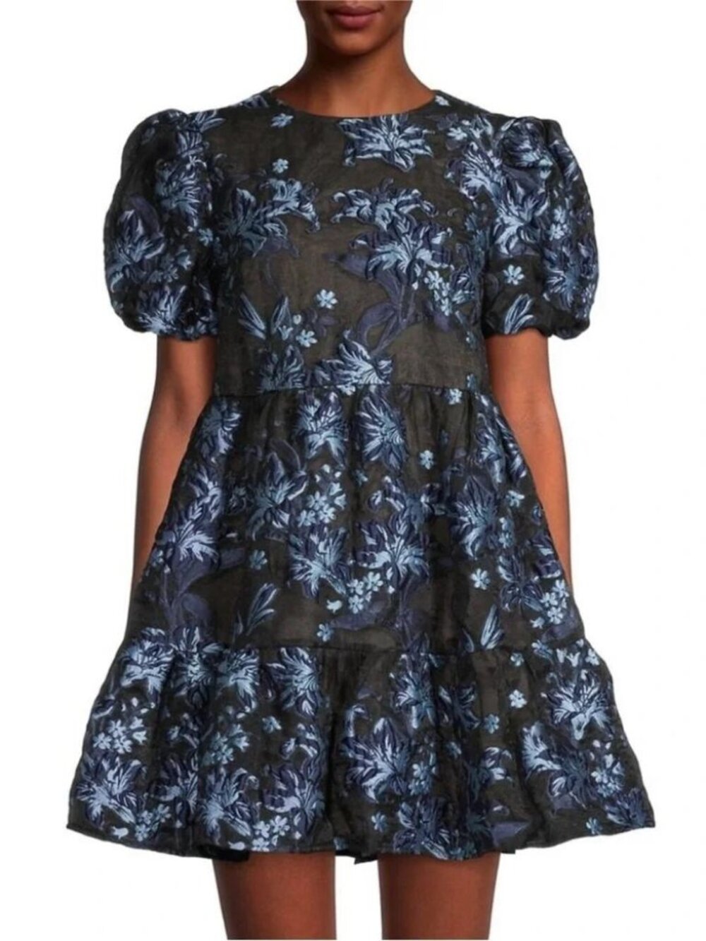 Elliatt Liberty Assent Floral Jacquard mini dress blue puff sleeve babydoll M
